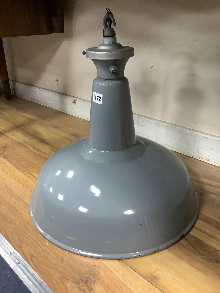 A vintage industrial style grey enamel ceiling shade, height 40cm